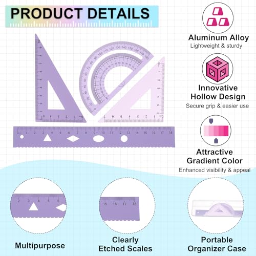 PATIKIL Geometry Set 2Pcs 7" Aluminum Ruler & 4 Triangles, Metal Protractor - color: Gradient Purple, size: 7 Inch