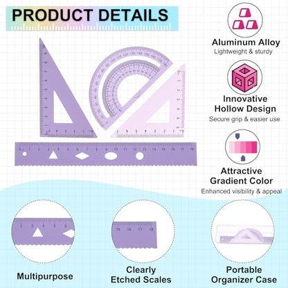 PATIKIL Geometry Set 2Pcs 7" Aluminum Ruler & 4 Triangles, Metal Protractor - color: Gradient Purple, size: 7 Inch