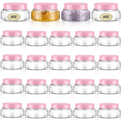 24 Pack Plastic Cosmetic Jars with Lids Label, 5 oz, Clear, Pink - color: Clear, Pink, size: 5 oz
