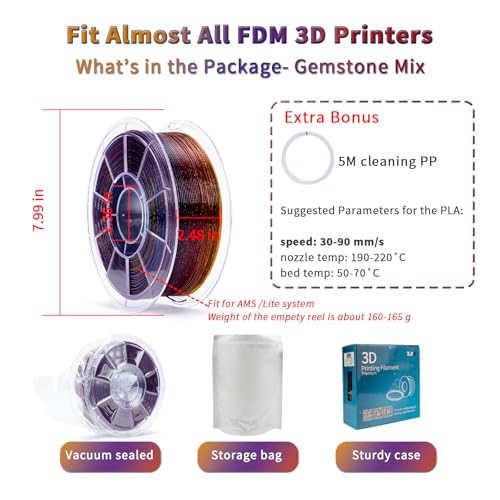 ZIRO PLA Filament 1.75mm, Sparkle Glitter & Transluent Base, Gemstone Mix - color: Gemstone Mix