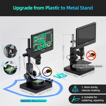 Andonstar AD269S 20X-5000X HDMI Digital Microscope, 5 Lens 2160P UHD Video - style: AD269S-10"+ Endoscope Kit+ Metal Biological Stand