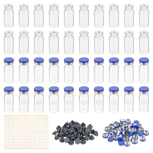 PATIKIL 10ml Sample Vials, 100 Pack Lab Empty Vials with Butyl Rubber Stopper Crimp Top Caps and Labels Borosilicate Glass Vial, Clear - color: Clear, size: 10ml