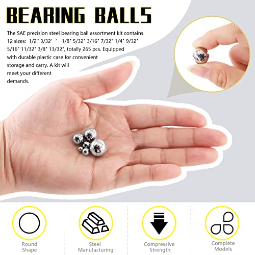 265 Pcs 12 Sizes Precision Bearing Steel Ball Assortment Kit with Storage Box 1/2'' 3/32’’ 1/8" 5/32" 3/16" 7/32" 1/4" 9/32" 5/16" 11/32" 3/8" 13/32"
