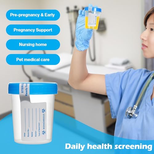 240 Pcs 4 oz Disposable Specimen Cups for Urine Fecal Testing with Leakproof Screw Lids Labels Blue Lids