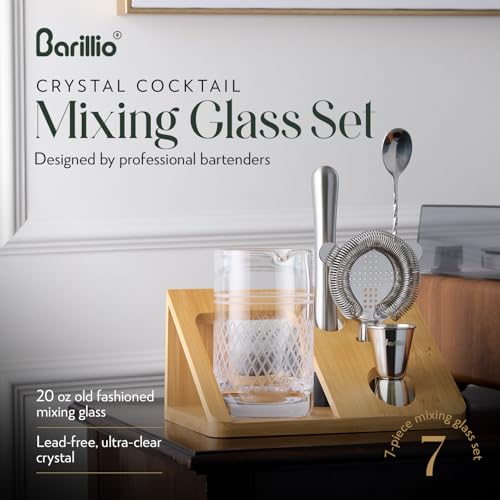 Barillio 20 Oz Crystal Cocktail Mixing Glass with Bamboo Stand & Bar Tools | Seamless Lead-Free Crystal, Weighted Base Stirring Pitcher | Including Muddler, Mixing Spoon, Jigger and Strainer - size: 7-Piece Set (20 oz)