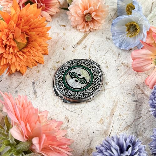Portable Makeup Compact Double Magnifying Mirror Cosmestic Foldable Pocket Style Unique Mother of Pearl Design (Crane) - color: Crane