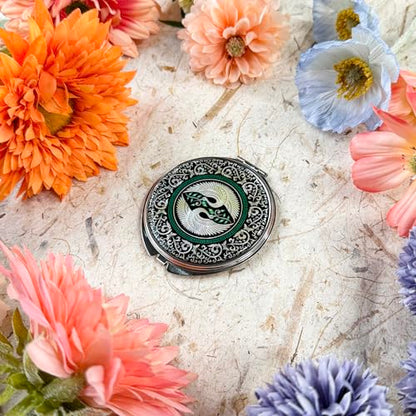 Portable Makeup Compact Double Magnifying Mirror Cosmestic Foldable Pocket Style Unique Mother of Pearl Design (Crane) - color: Crane