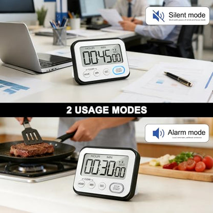 Digital Kitchen Timer Magnetic Loud Alarm, Large LCD Screen Silent/Beeping Multi-Function for Teachers Classroom Kids, Black - color: Black