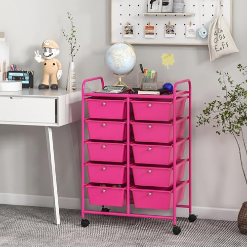 COSTWAY 10 Drawer Rolling Storage Cart, Utility Cart with Lockable Wheels - color: Hot Pink, size: 10 Drawer