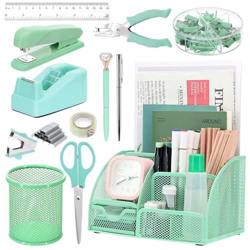 13-in-1 Office Desk Organizer Set for Back to School Supplies Accessories - color: Green