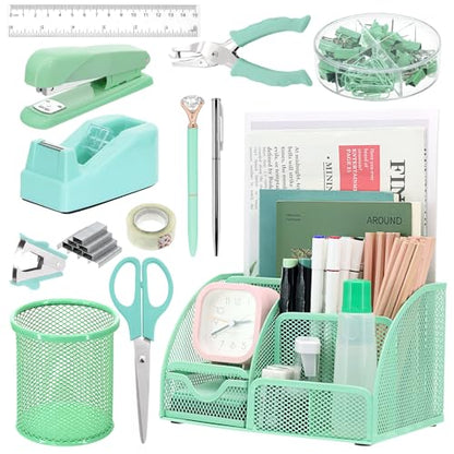 13-in-1 Office Desk Organizer Set for Back to School Supplies Accessories - color: Green