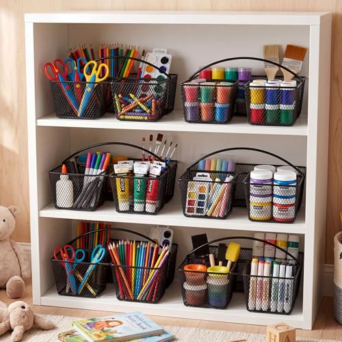 LemonRoad 6 Pcs Classroom Table Caddy Portable Metal Storage Caddy with Handle 3 Compartment Multipurpose Classroom Storage Organizer Caddies for Table Desk Office School Kids Room (Black)
