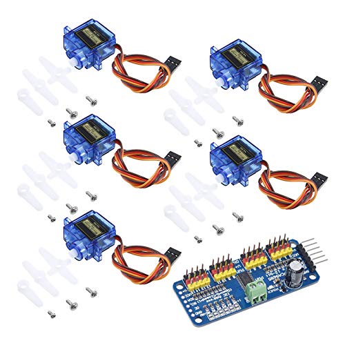 5PCS SG90 9g Servo Motor + 16 Channel PWM Servo Motor Driver PCA9685 IIC Module 12-Bit DIY Kit for RC Robot Arm Helicopter Airplane Car Boat Remote Control for Arduino for Raspberry pi