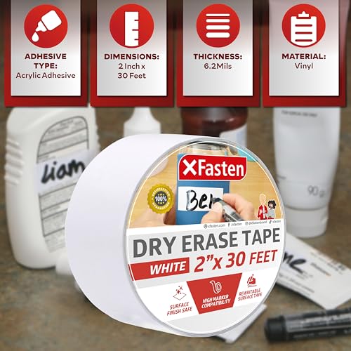 XFasten Dry Erase Tape White 2-Inch x 30-Feet Zero Smudging Ghosting-Free Whiteboard Tape, Reusable Dry Erase Labels for Storage Bins, Sentence Strips for Teachers - size: 2-Inch x 30-Feet