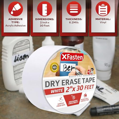 XFasten Dry Erase Tape White 2-Inch x 30-Feet Zero Smudging Ghosting-Free Whiteboard Tape, Reusable Dry Erase Labels for Storage Bins, Sentence Strips for Teachers - size: 2-Inch x 30-Feet