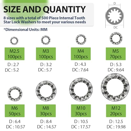 Star Washers Internal Tooth Lock Washers Assortment (M2.5-M12) 500Pcs - size: Internal Tooth Lock Washers