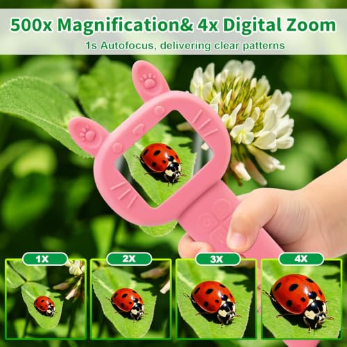 Microscope for Kids-Gifts for Boys 500x Magnification 1080P HD Display & 2 INCH IPS Screen Handheld Microscope for Kids Gifts for Age 3-6 7-12 Girls and Boys - color: Pink