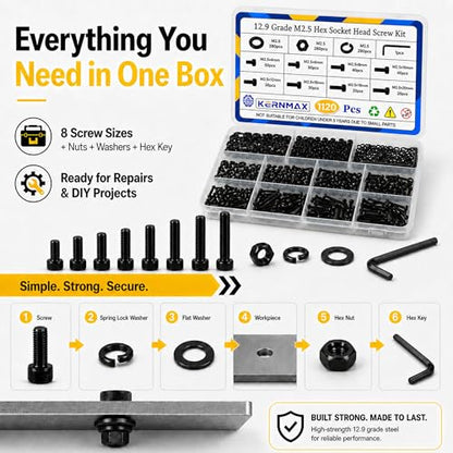 1120PCS M2.5 Screws Kit, M2.5x4/6/8/10/12/16/18/20mm Hex Socket Head Cap Screws Nuts & Washers Assorted Set, 12.9 Grade Black Oxide M2.5mm Screw for 3D Printer,DIY - size: M2.5 1120pcs