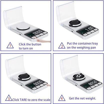 Rechargeable High Precision Digital Milligram Scale 100g/0.001g Jewelry Scale, Gram Scale, Pocket Scale, Food Scale for Powder Medicine, Gold, Gem, Reloading, with 50g Calibration Weigh