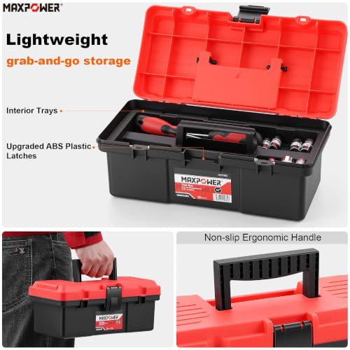 MAXPOWER 12-inch Small Plastic Tool Box, Lockable, Removable Tray - color: Red, size: 12"