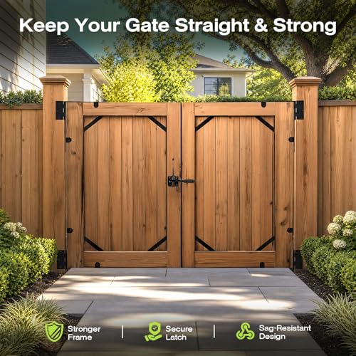 YQE 2 Sets Anti Sag Gate Kit for Wooden Fence, Heavy Duty Gate Hardware with Corner Brace Brackets, Welded Hinges and Self-Locking Gate Latch, Premium No Sag Fence Gate Kit - size: Double Door Set