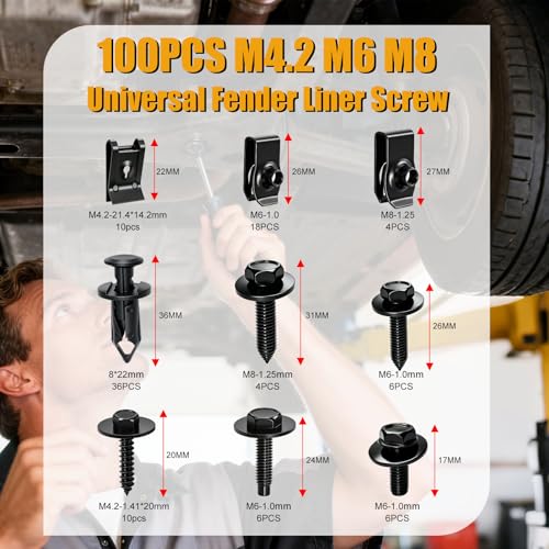 weideer 100PCS M4.2 M6 M8 Universal Fender Liner Screw U Nut Kit,Engine Splash Shield Hex Head Screw U Clips,Push Retainer Fastener Rivet Clips - color: BK-M4.2 M6 M8 Kit