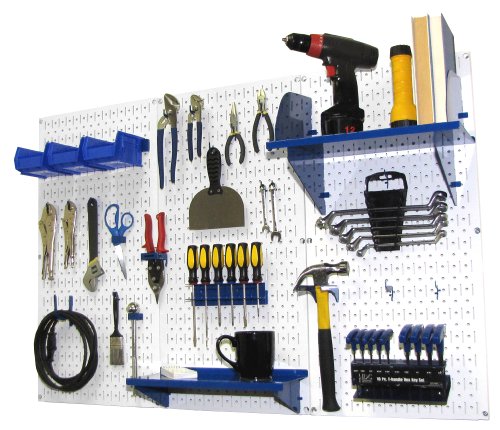 Wall Control Pegboard Organizer 4 ft. Metal Pegboard Standard Tool Storage Kit with White Toolboard and Blue Accessories - color: White Pegboard Blue Accessories