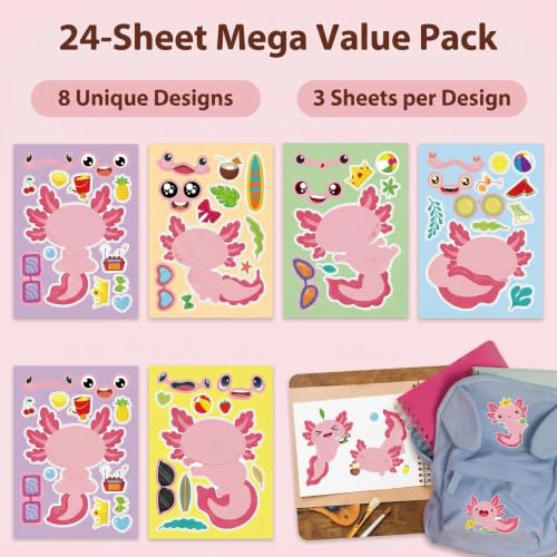 Axolotl Make-a-Face Stickers 24 Sheets, Cute Animal Crafts for Kids - color: Salamander