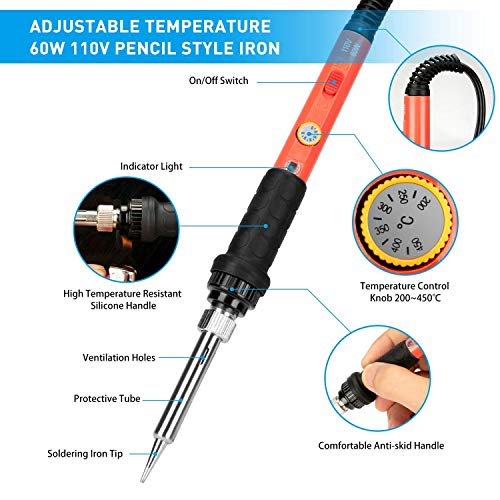 Soldering Iron Kit, 60W Soldering Iron with Ceramic Heater, 5-in-1 Adjustable Temperature Soldering Welding Iron Kit for any Hobby Enthusiast - color: 5-in-1
