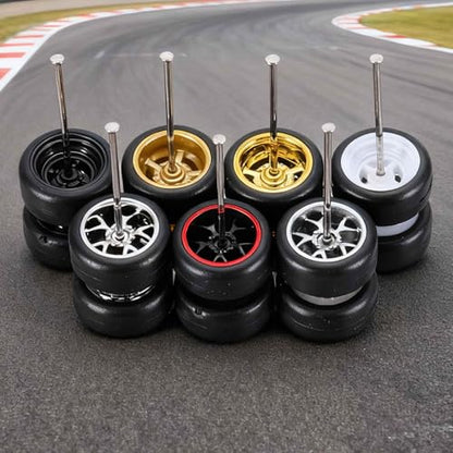MECCANIXITY 4 Set 1/64 Wheels and Tires Set, Real Riders Rims Includes Axles for RC Diecast Car DIY Model, 6-Spoke Silver Line Black Rims