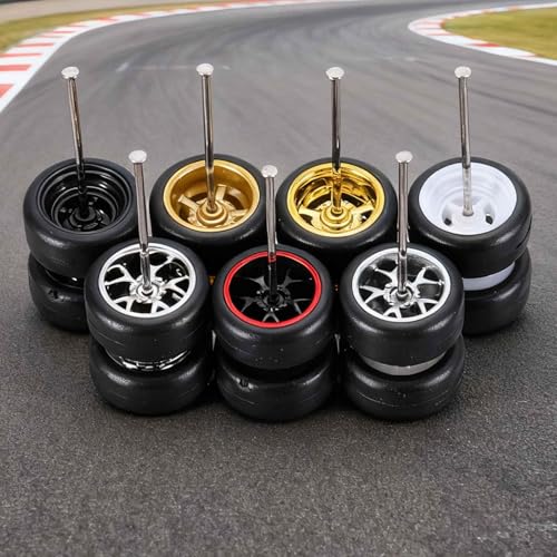 MECCANIXITY 4 Set 1/64 Wheels and Tires Set, Real Riders Rims Includes Axles for RC Diecast Car DIY Model, Branch White Rims