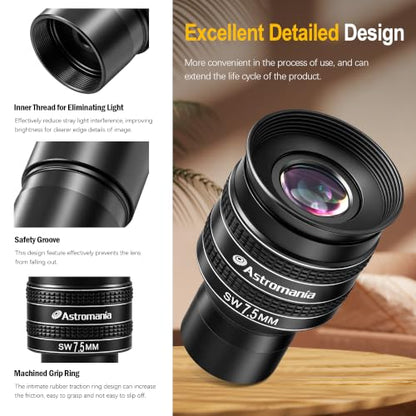 Astromania Telescope Eyepiece 7.5mm Wide Angle 58° Planetary Eyepiece 1.25" - size: 7.5MM