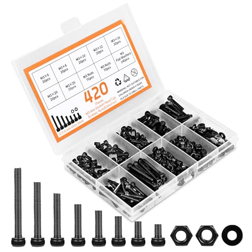 420pcs M3 Screw Kit, Premium M3 Bolts for 3D Printing, Hex Socket Head Cap Screw Assortment with Nuts and Washers, M3 x 6mm /8mm /10mm /12mm /16mm /20mm /25mm (Black) - size: M3