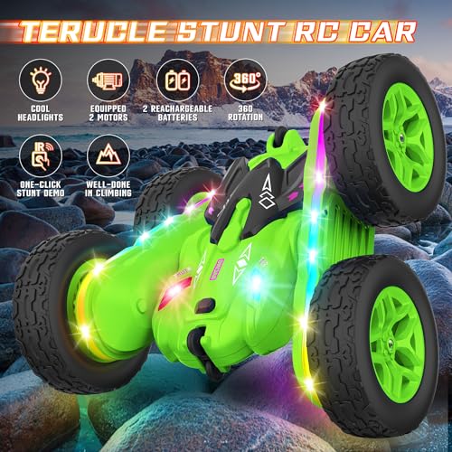 Terucle Remote Control Car, Rc Cars Stunt RC Car Toys Upgraded Strip Lights and Headlights Kids Toys Double-Sided 360° Rotating 4WD Drift Truck for Boys Girls Birthday Gift (Green) - color: Green