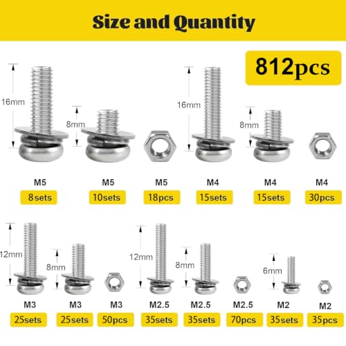 812pcs M2 M2.5 M3 M4 M5 Phillip Pan Head Machine Screw Assortment Kit - size: SS M2M2.5M3M4M5 812pcs