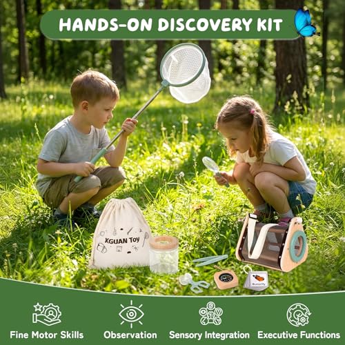 Bug Catcher for Kids, Wooden Bug Catching Outdoor Toys for Ages 4-8, STEM Explorer Activities with Butterfly Net Magnifying Glass Tweezers Insect Habitat Observation Cup Storage Bag Learning Cards