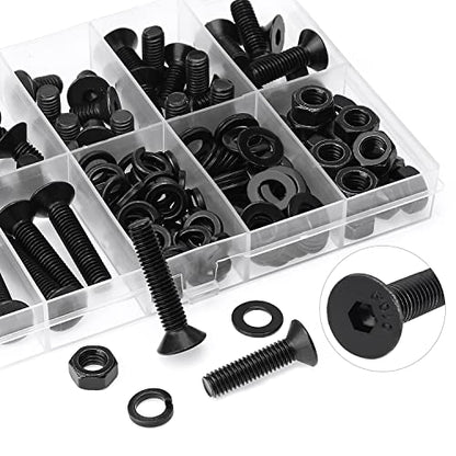 HELIFOUNER 146 Pieces M6 x 8mm /10mm /12mm /16mm /20mm /25mm /30mm, Countersunk Head Socket Cap Screws Bolts Washers Nuts Kit, 10.9 Grade Alloy Steel, Full Threaded, Black - size: M6, style: Countersunk Head