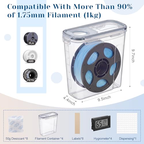 4 Pack Filament Storage Box 4L Each Holds 1KG 1.75mm Spool Airtight Moisture Control 3D Printer Filament Dry Box with Hygrometers Desiccant Packs and Labels for PLA PETG ABS TPU