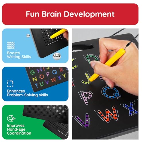 PicassoTiles 2in1 Magnetic Drawing Board Toy 12x10 In Large Magnet Bead Pad with Alphabet and Math Side in Black STEM Educational Writing Playboard Reusable Erasable Learning Tablet for Kids PTB02-BLK - style: 2-in-1 Alphabet&Num