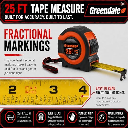 Greendale – 6 Pack Tape Measures 25 ft – Easy-Read Fractions, Magnetic Tip, Quick-Lock & Auto-Retract – Heavy-Duty Measuring Tape with Belt Clip – Red/Orange - color: Red