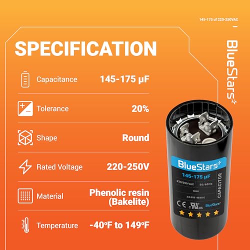 [2025 Upgraded] BlueStars 145-175 uf MFD 220-250 Round Motor Start Capacitor CD60 AC Single Phase Capacitors 50/60 Hz - Fit Air Conditioner Motors Starting, Pool Pump, Well Pump and Electric Motor - size: 145-175 MFD 220-250 VAC