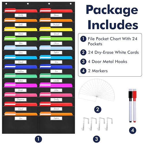 24 Pockets Heavy Duty Storage Chart, Hanging Wall File Organizer, Plus 4 Over Door Metal Hangers, 2 Markers & 24 Erasable Blank Cards, Organize Your Assignments, Files, Scrapbooks Papers (28” x 50.5”) - color: Nylon Pockets, size: 24 Pockets(28.5” x 50.5”