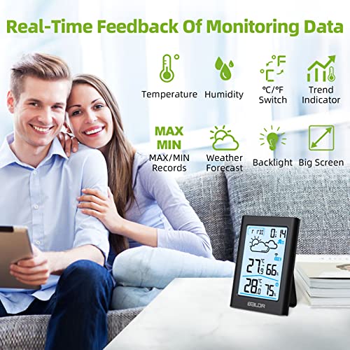 BALDR Indoor Outdoor Thermometer Wireless, Battery Powered Weather Station Indoor Outdoor with Clock, Portable Outside Temperature Monitor for Home Patio - color: Black
