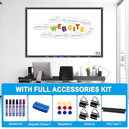 H-Qprobd 48"x24" Magnetic White Board Dry Erase Wall Mount Whiteboard - Office Home Classrooms White Board Hanging Writing Board with Black Aluminum Frame - size: 48"W x 24"H