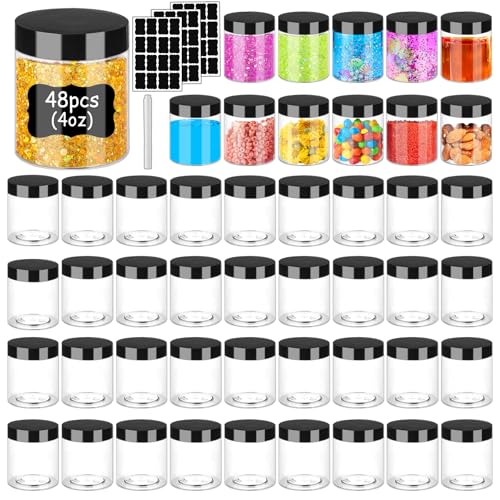 Hajoyful Plastic Jars with Lids 4 OZ 48 PCS, Small Cosmetic Slime Containers Clear Travel Round Jars Empty Leak Proof Refillable Sample Containers with Black Lids for Lotion, Cream, Cosmetics - size: 4oz 48pcs