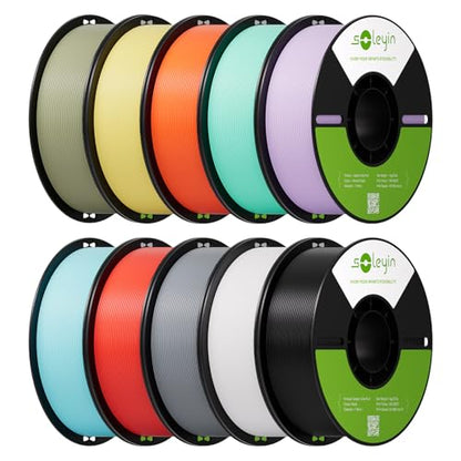Soleyin PLA Filament 1.75mm 10 Pack 10KG, 3D Printer Filament 1kg Spool Each, Neatly Wound & Tangle-Free, High-Speed Printing, ±0.02mm Accuracy, Strong Adhesion, 10 Colors Pack for FDM Printers - color: 10kg Black/White/Gray/Red/Yellow/Orange/Blue/Green/P