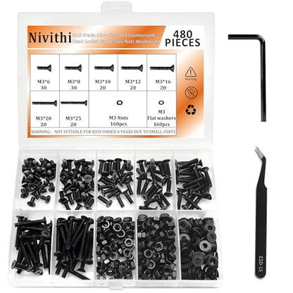 480PCS M3 Countersunk Hex Socket Screws Grade 10.9 Carbon Steel - size: M3 Screw Kit – 480PCS