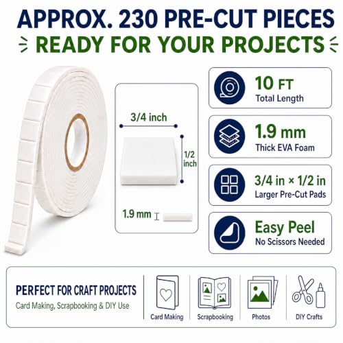 Double Sided Foam Tape, 10 FT Pre-Cut EVA Foam Tape, Approx 230 Pads, 3/4 x 1/2 in, 1.9mm Thick
