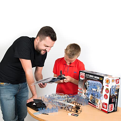 Machine Works Build Your Own Visible Model Engine Toys - Replica Model Building Kit 100+ Pieces- Features Working Sounds and Illuminiation, Internal Combustion Mechanics, Physics, STEM (4-Cylinder) - style: 4-Cylinder