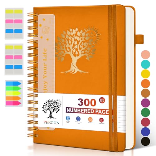 PERCUN B5 Spiral Notebook 300 Numbered Lined Pages Hardcover Journal 7"x10" - color: Orange, size: B5 size (7in x 10in)